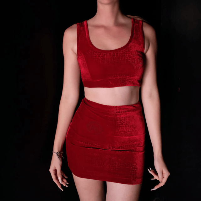 ENSEMBLE HAUT ET JUPE EN VELOURS ROUGE